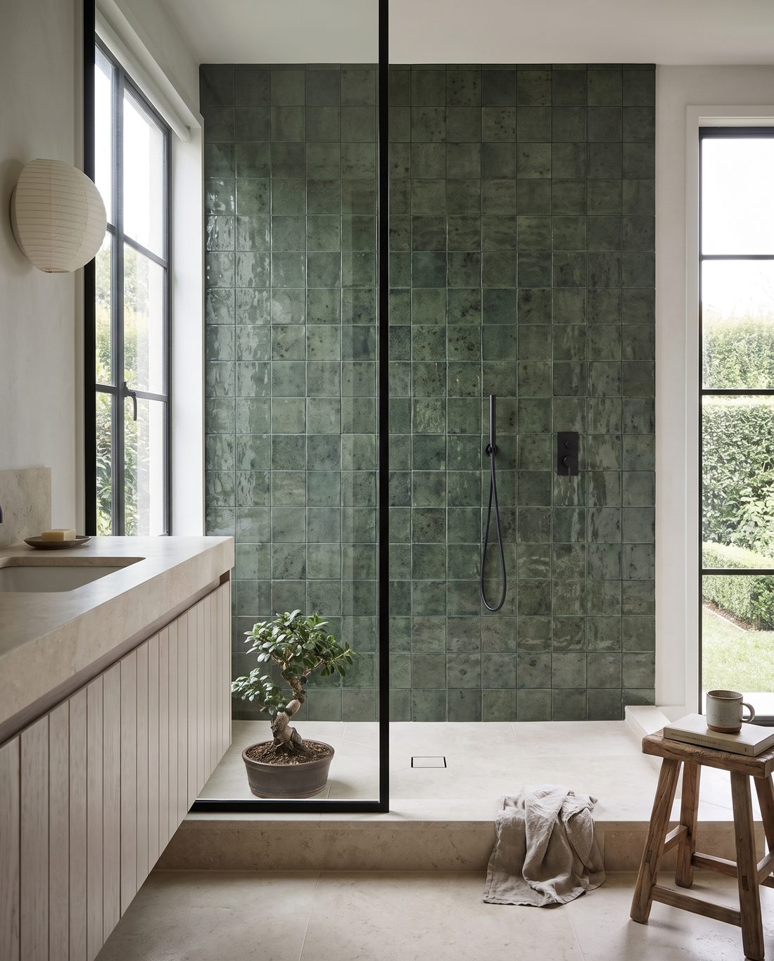 Blocchi Bosco Verde Square Gloss 100x100 tiles in an ensuite