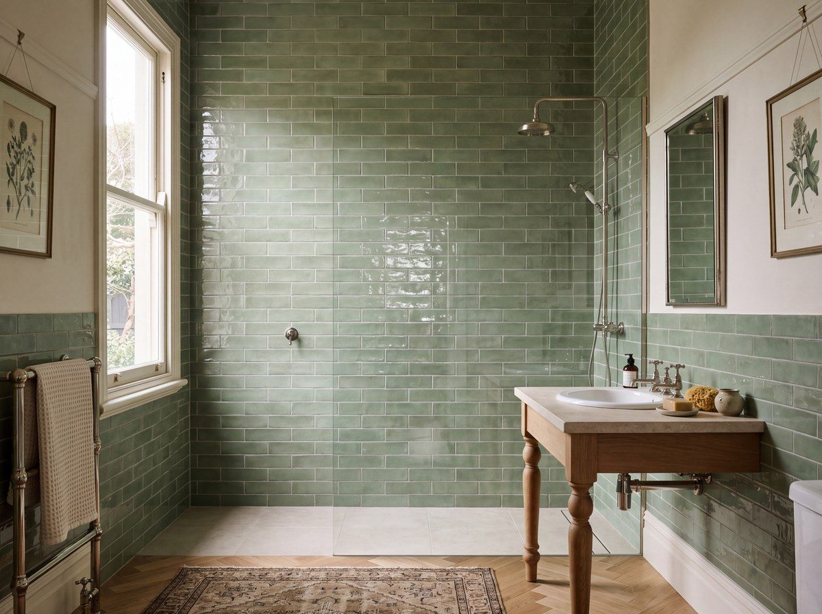 Soul Green Gloss 75x300 tiles in a bathroom