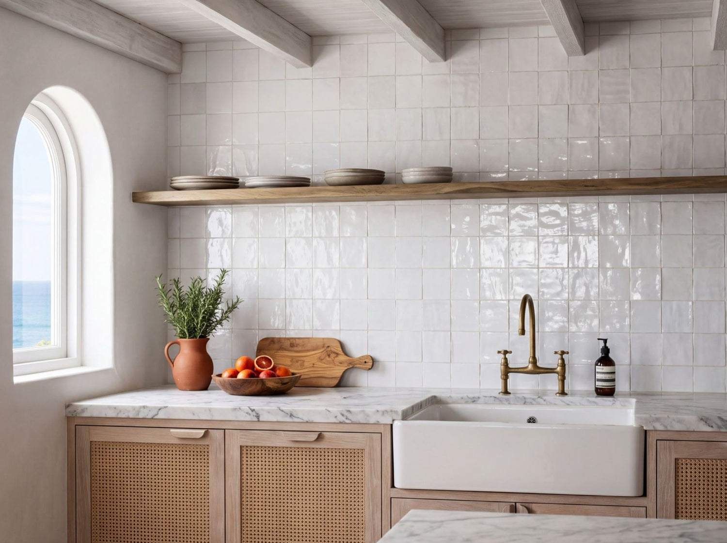 White glazed square tiles on a kitchen wall with open shelving