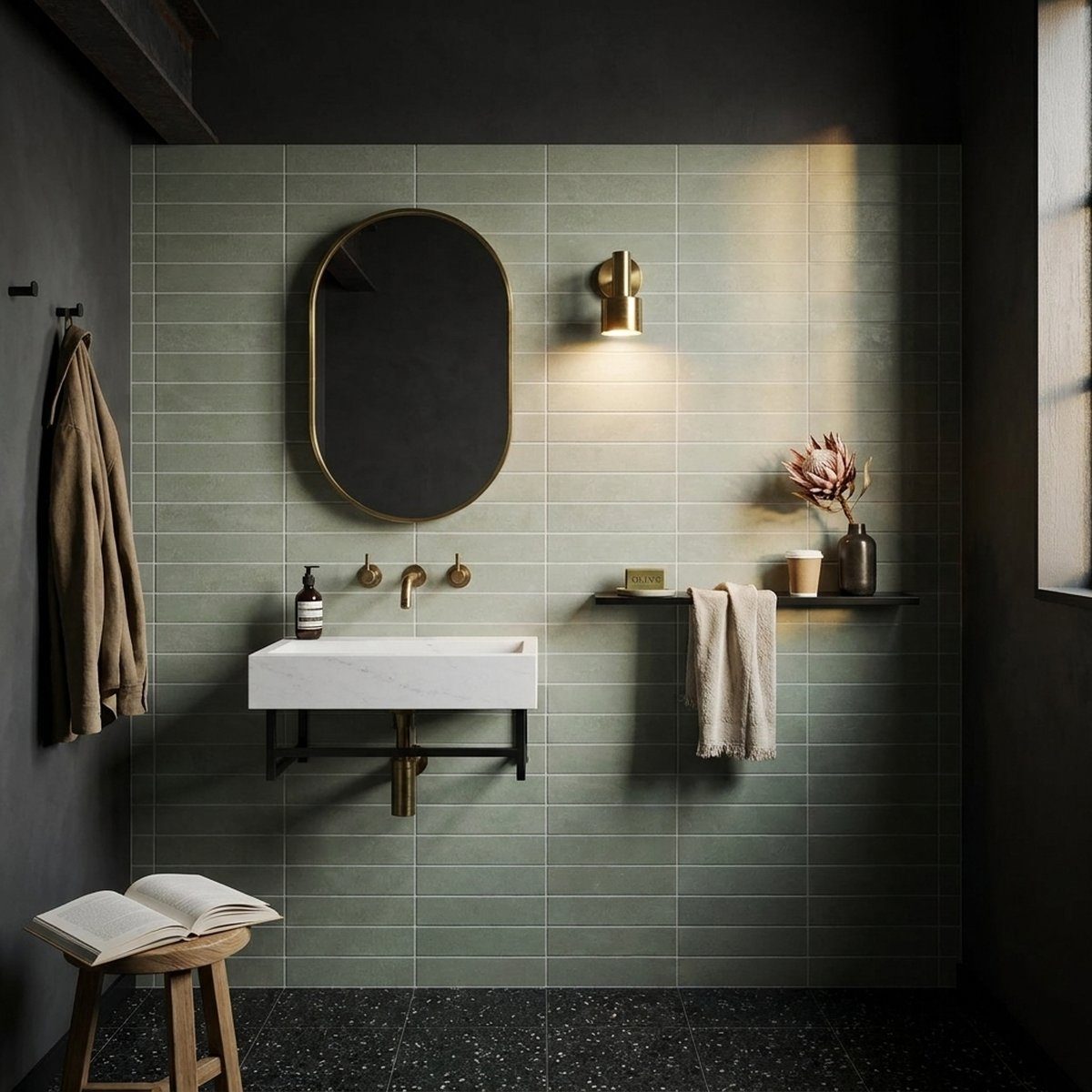 Concrete Veroni Jade Matt 75x300 tiles in a powder room