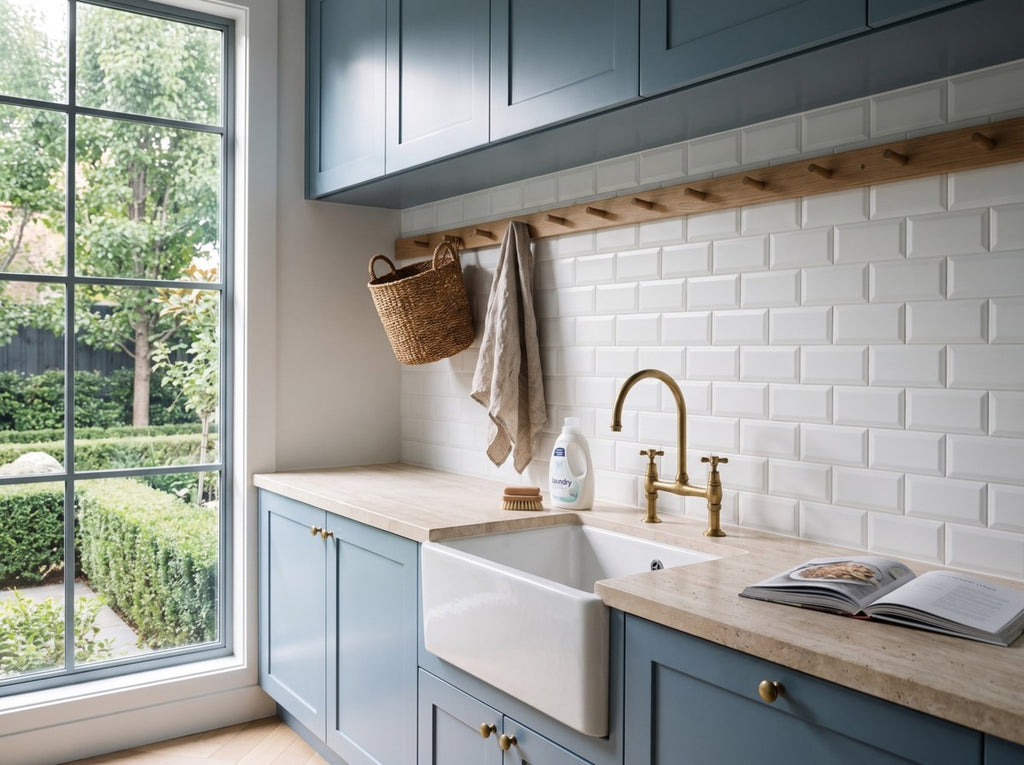 Bega White Bevelled Matt 100x200 tiles in a laundry