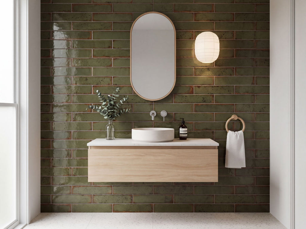 Alchimia Olive Gloss 75x300 tiles in a powder