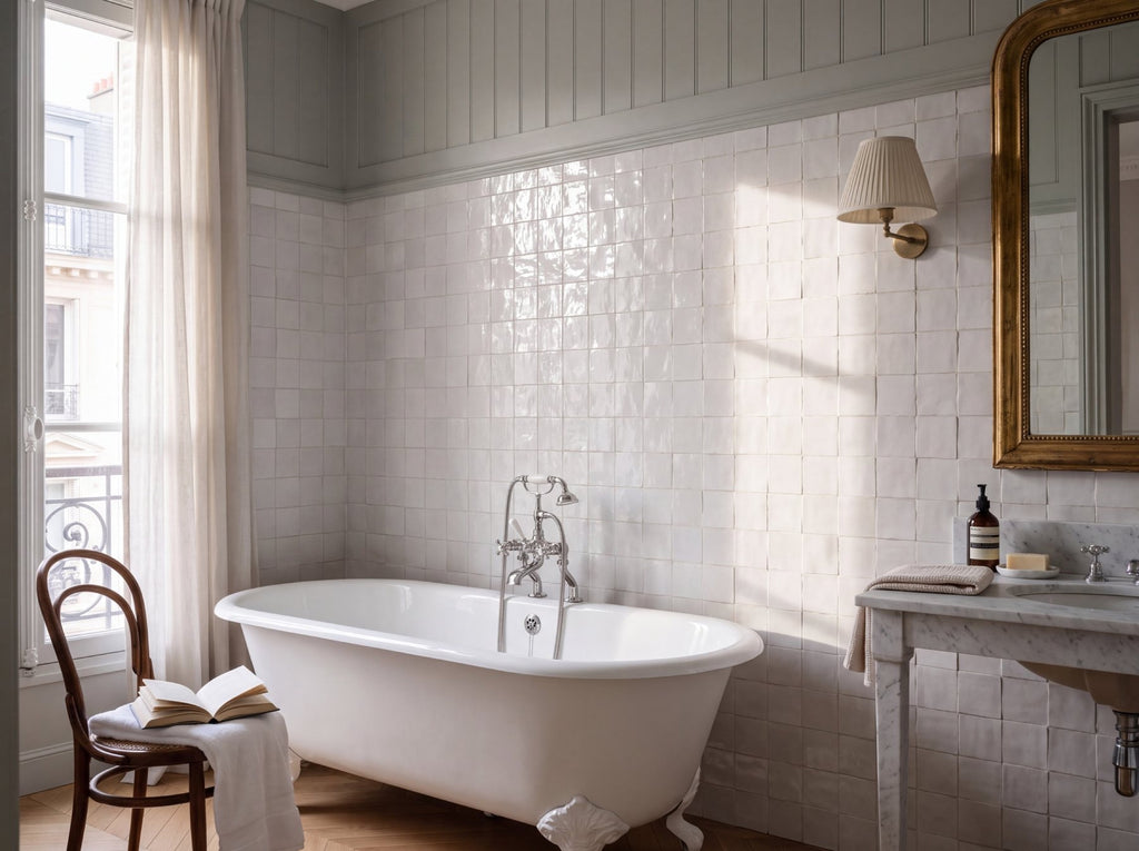 Bella White 2 Gloss 100x100 tiles in a room