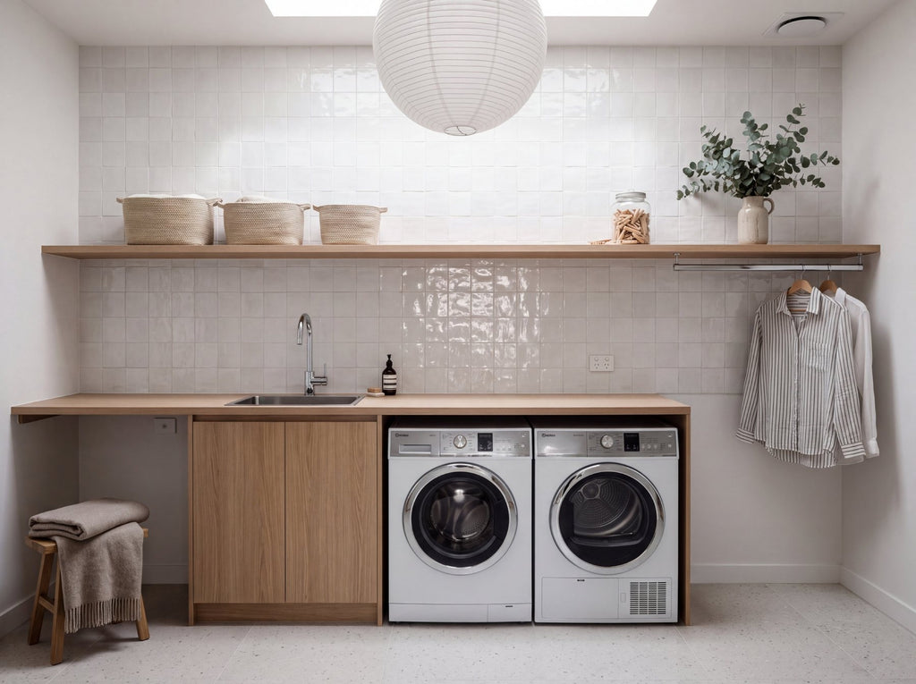 Bella White 2 Gloss 100x100 tiles in a laundry