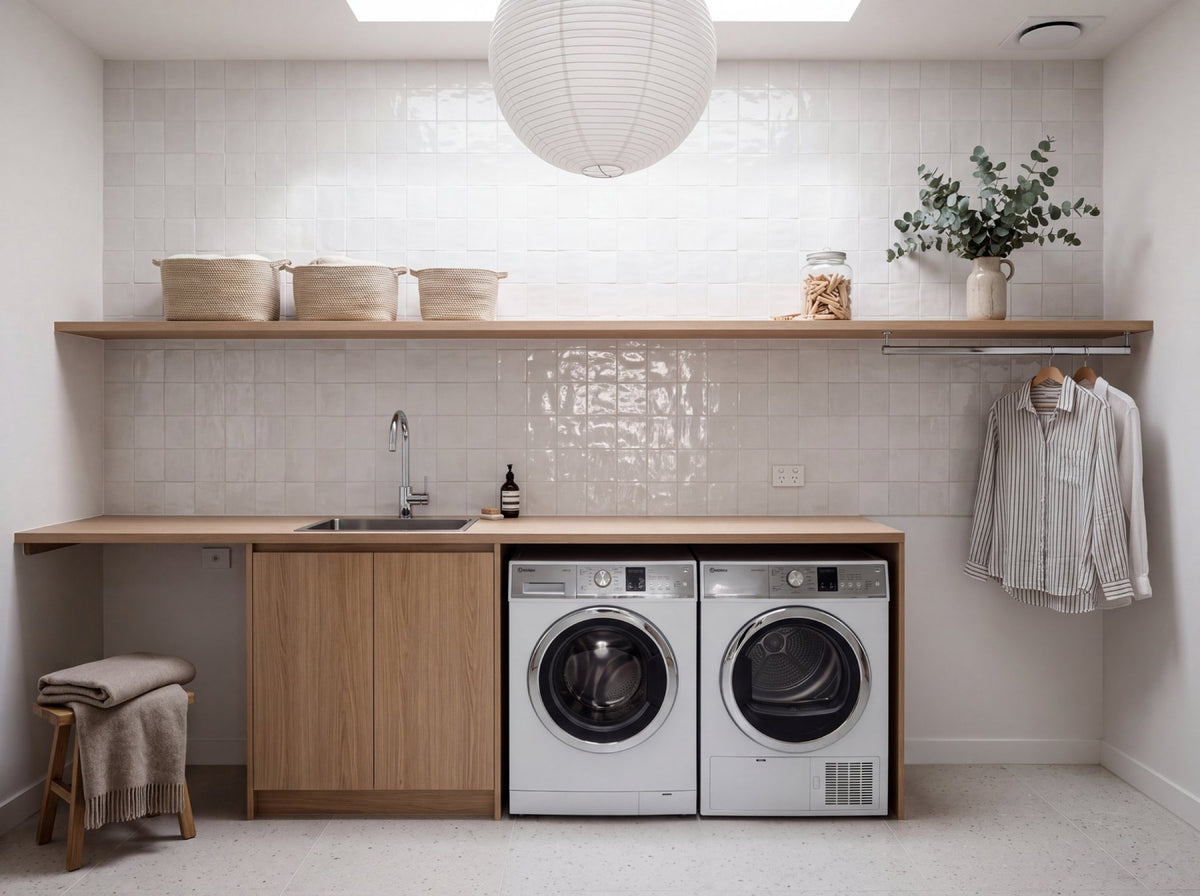 Bella White 2 Gloss 100x100 tiles in a laundry