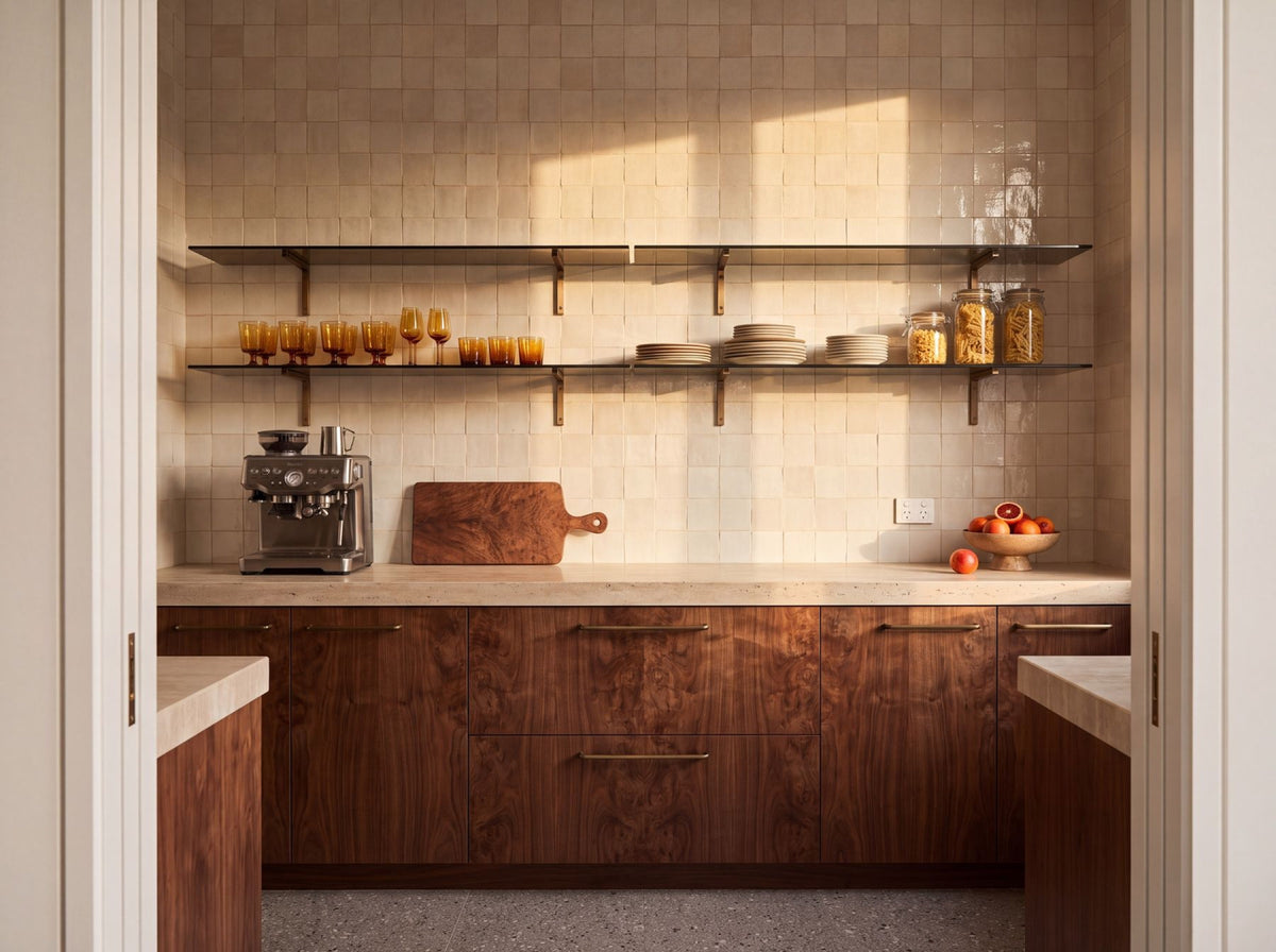 Bella Ivory 2 Gloss 100x100 tiles in a pantry