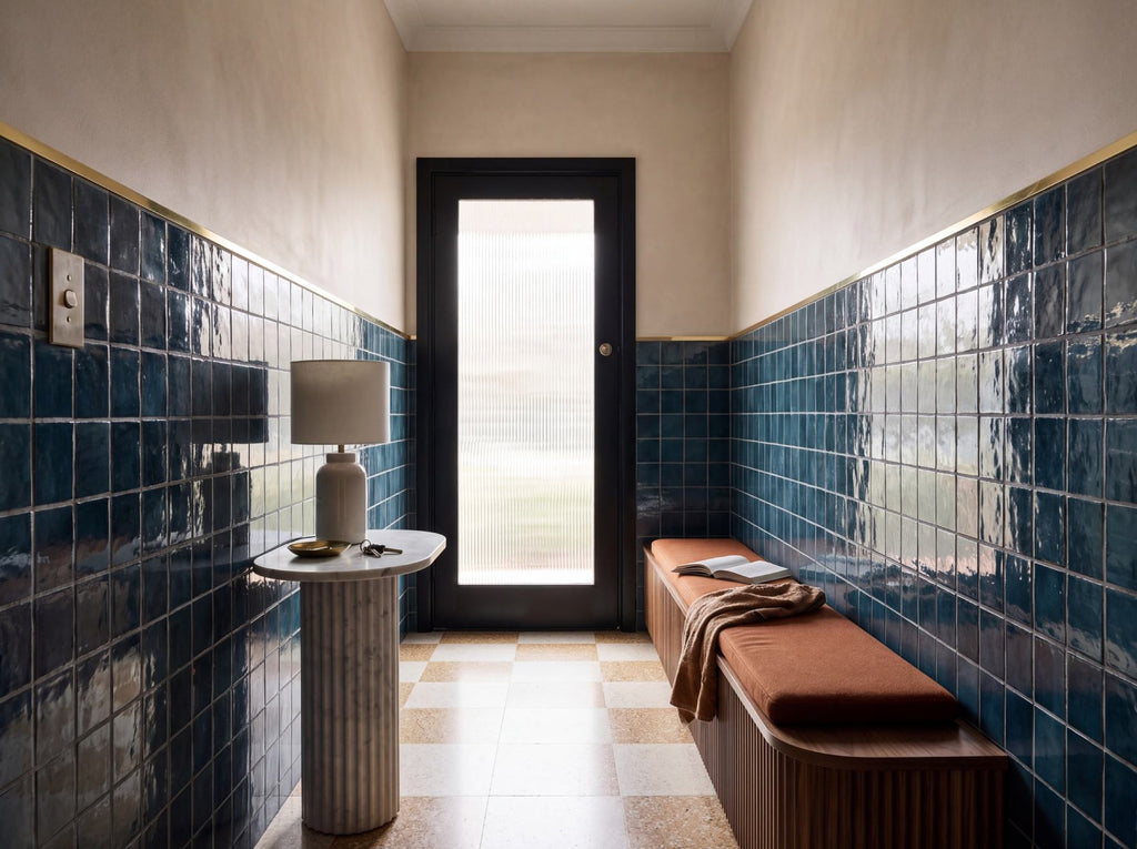 Bella 2 Marine Gloss 100x100 tiles in a hall