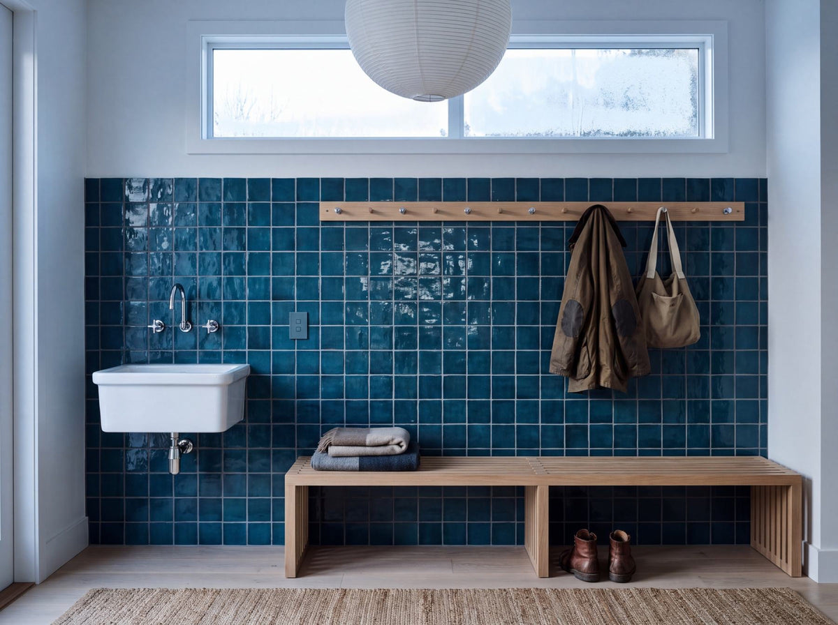 Bella 2 Marine Gloss 100x100 tiles in a mudroom