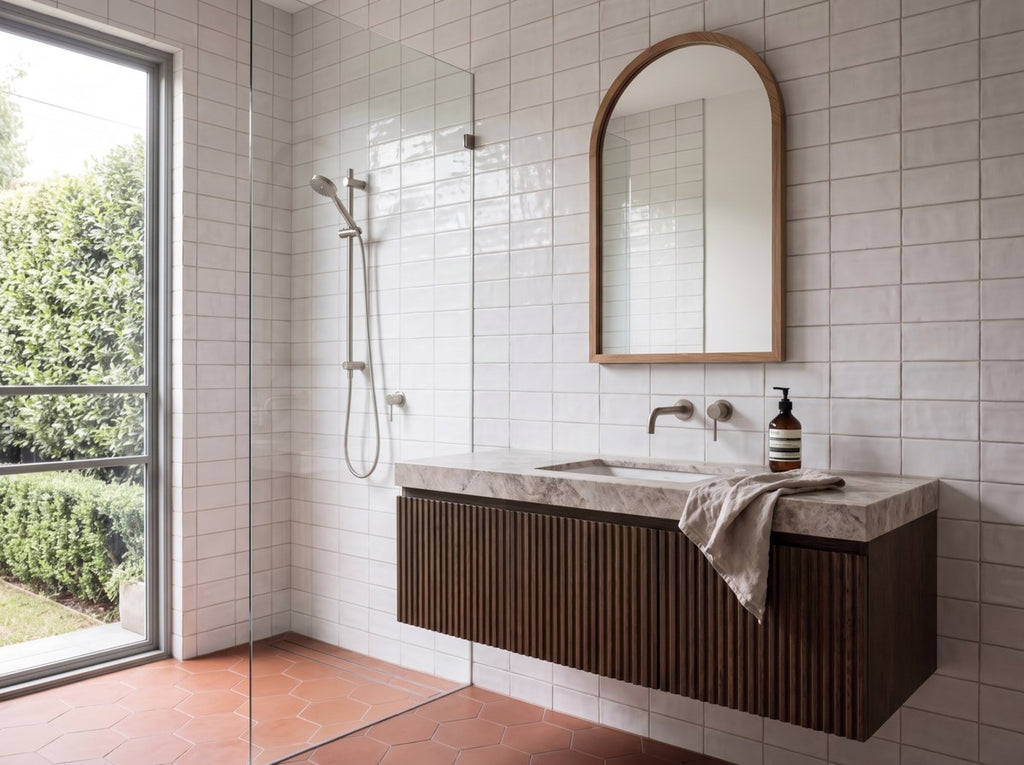 Hand Made Brick White Matt 75x150 tiles in a ensuite