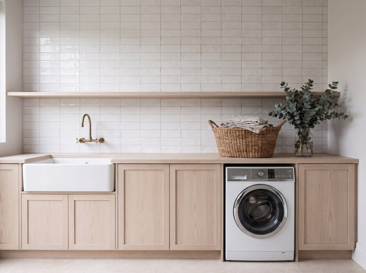 Hand Made Brick White Matt 75x150 tiles in a laundry