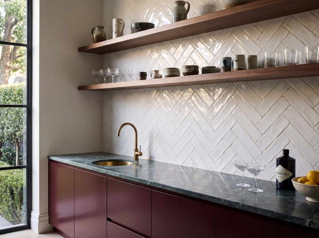 Hand Made Brick White Gloss 75x300 tiles in a bar