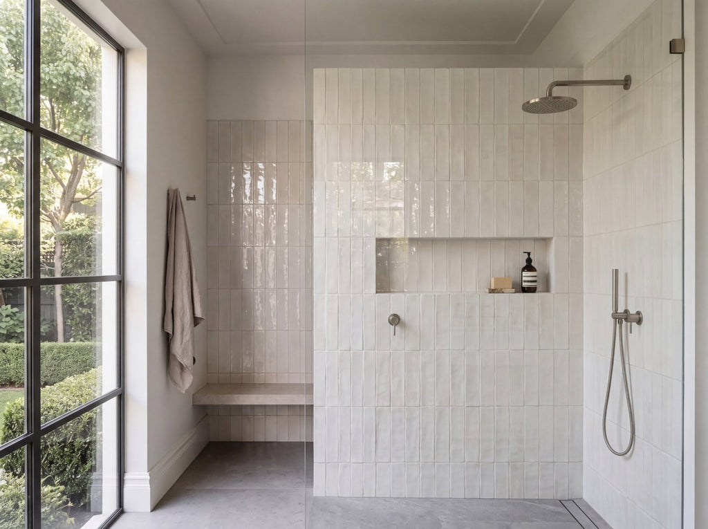 Hand Made Brick White Gloss 75x300 tiles in a room