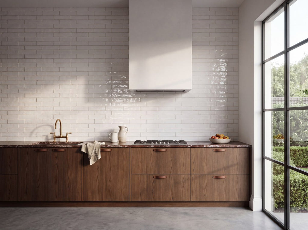 Hand Made Brick White Gloss 75x300 tiles in a kitchen