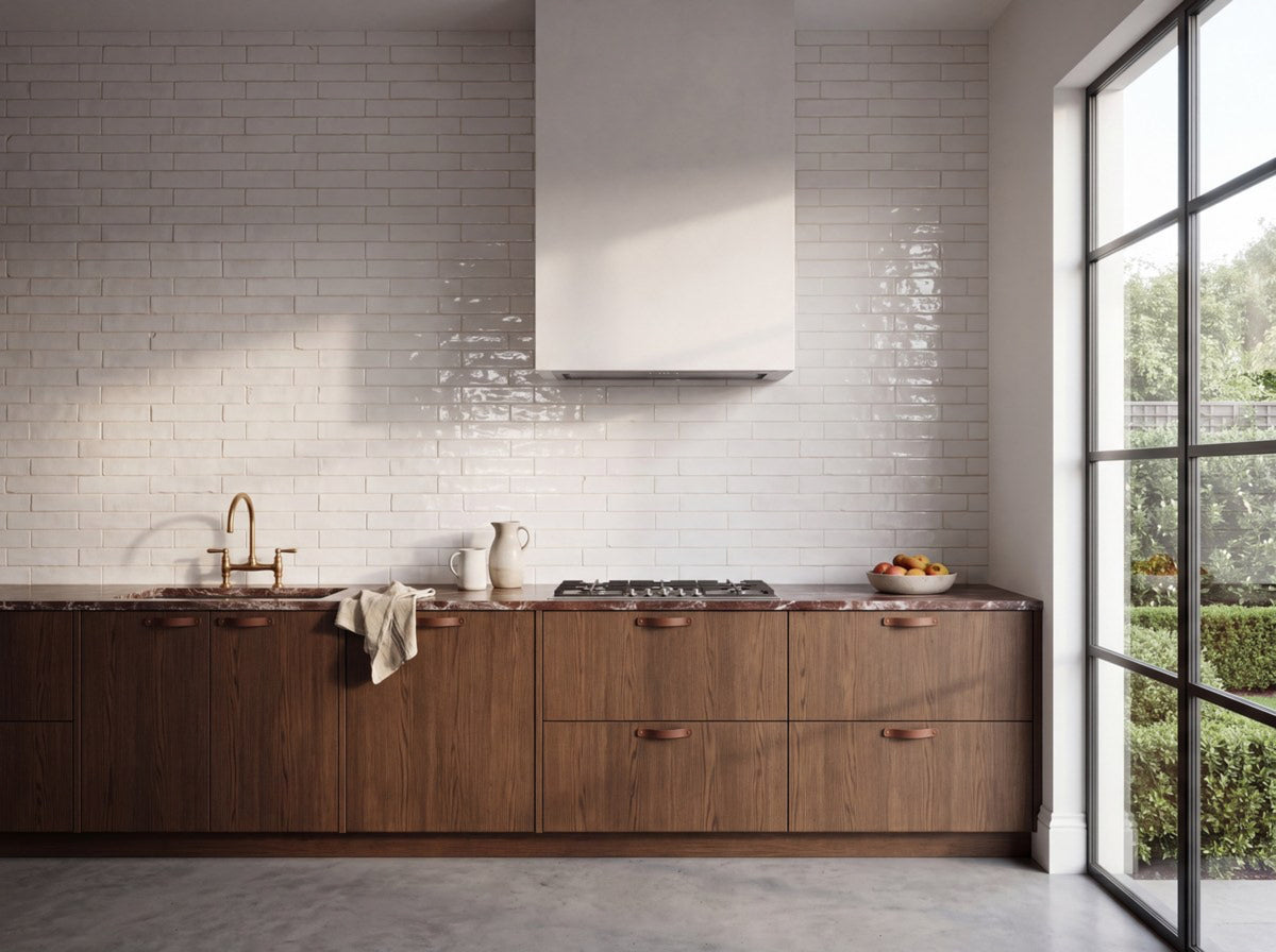 Hand Made Brick White Gloss 75x300 tiles in a kitchen