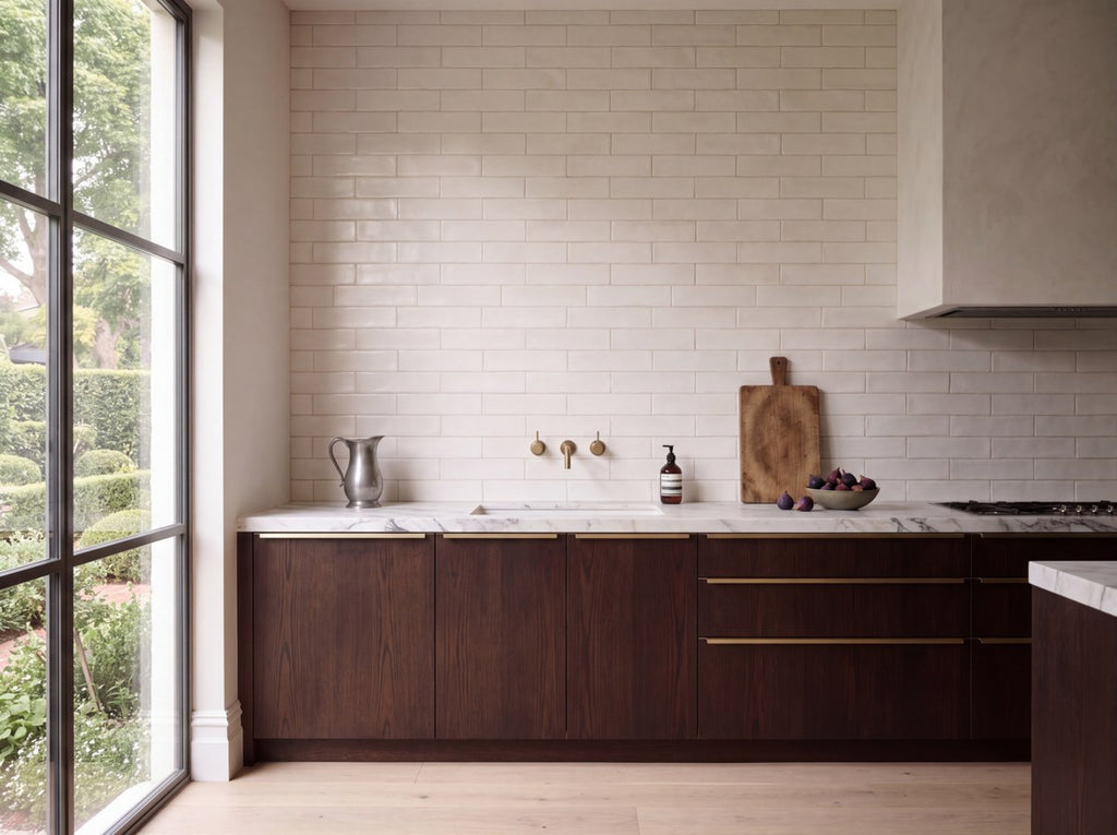 Hand Made Brick White Matt 75x300 tiles in a kitchen