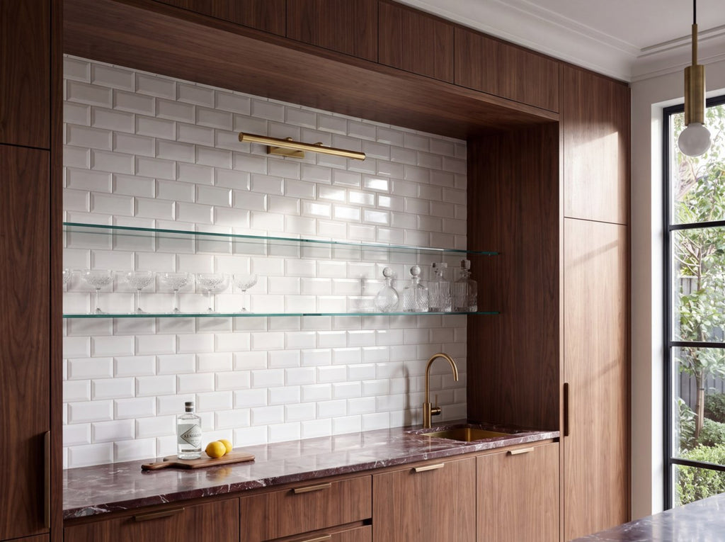 Bega Bevelled White Cushion Edge Gloss 75x150 tiles in a bar