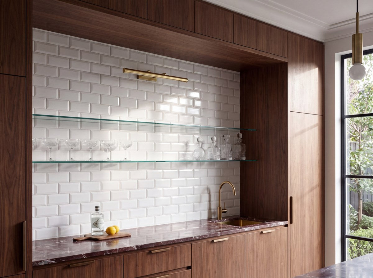 Bega Bevelled White Cushion Edge Gloss 75x150 tiles in a bar