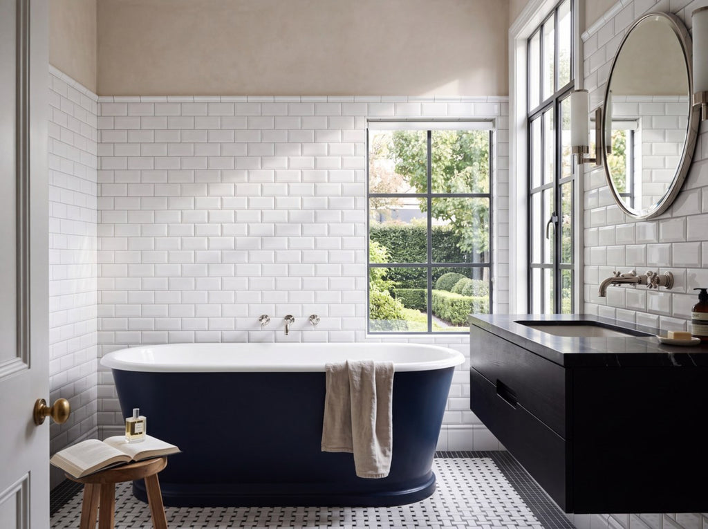 Bega Bevelled White Cushion Edge Gloss 75x150 tiles in a room