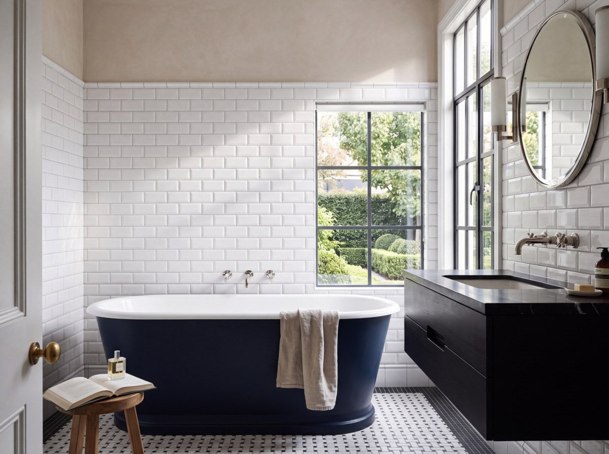 Bega Bevelled White Cushion Edge Gloss 75x150 tiles in a room