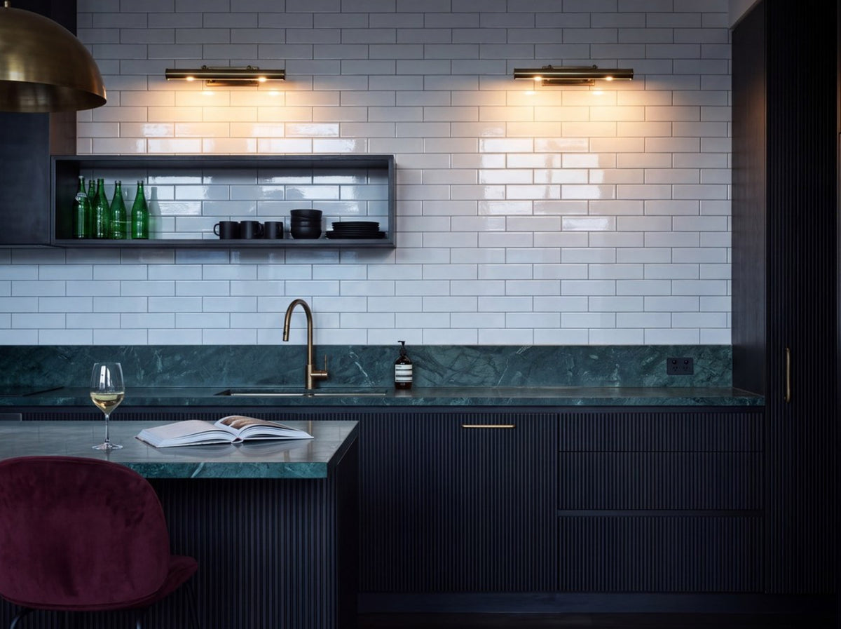Boulevard White Plain Gloss 75x300 tiles in a kitchen