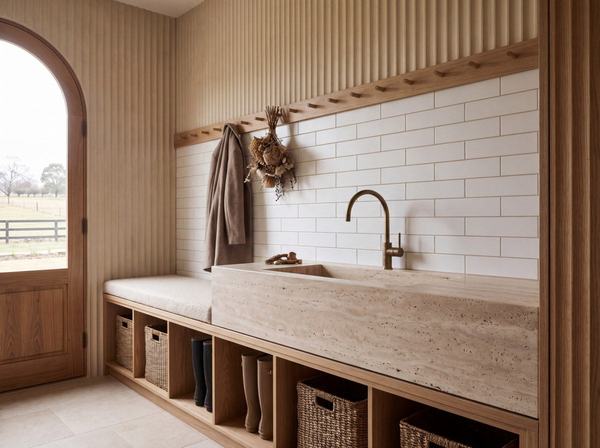 Boulevard White Plain Matt 75x300 tiles in a mudroom