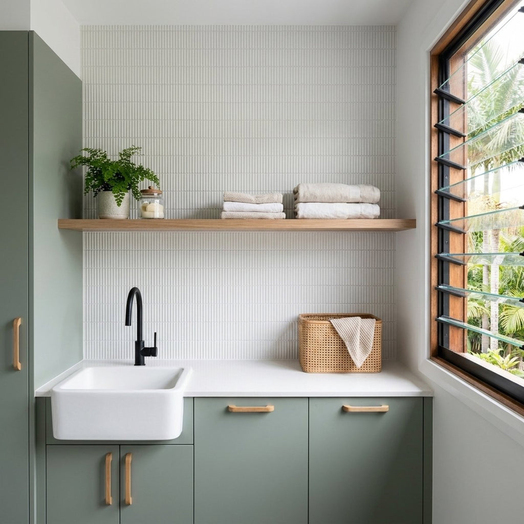 Crystal Glaze Shell White Porcelain Glazed 12x92 Finger Mosaic tiles in a laundry