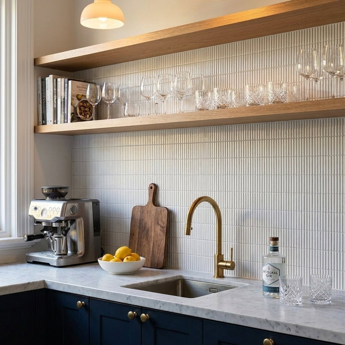 Crystal Glaze Shell White Porcelain Glazed 12x92 Finger Mosaic tiles in a pantry