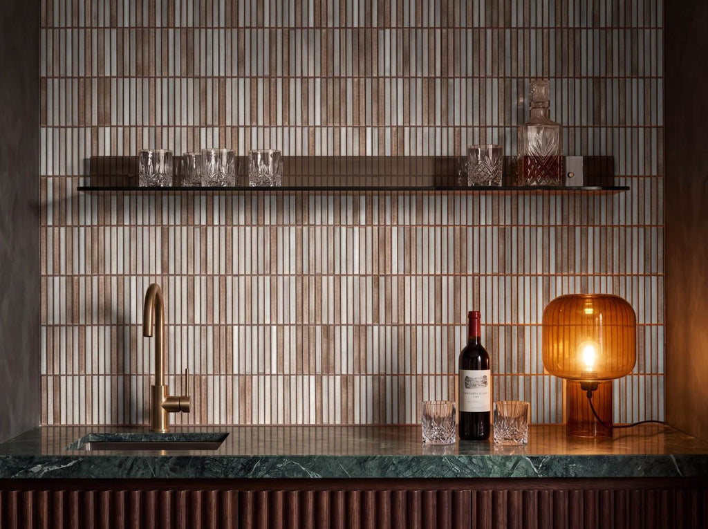 Shiki Sticks Caramel Fade Porcelain Glazed 12x92 Finger Mosaic tiles in a room