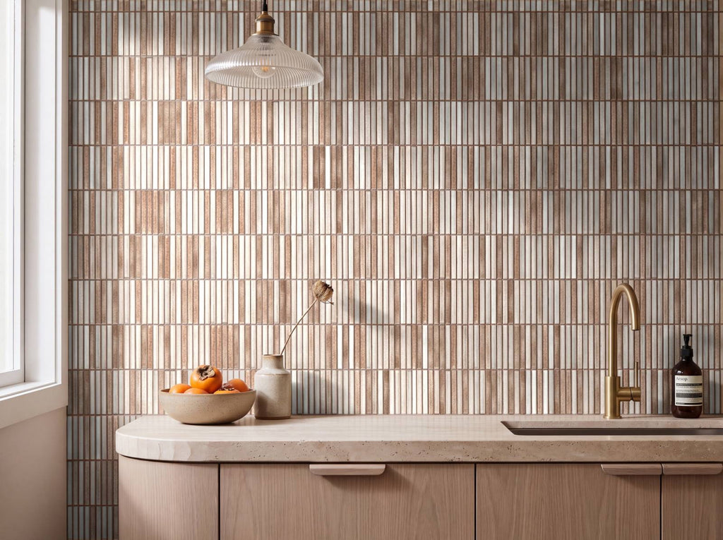 Shiki Sticks Caramel Fade Porcelain Glazed 12x92 Finger Mosaic tiles in a kitchen