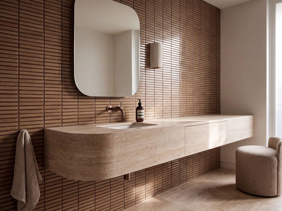Shiki Sticks Cocoa Stone Porcelain Glazed 12x92 Finger Mosaic tiles in a room