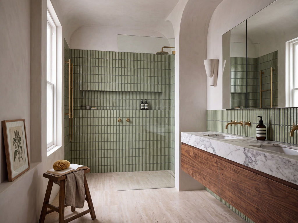 Shiki Sticks Green Stone Porcelain Glazed 12x92 Finger Mosaic tiles in a ensuite