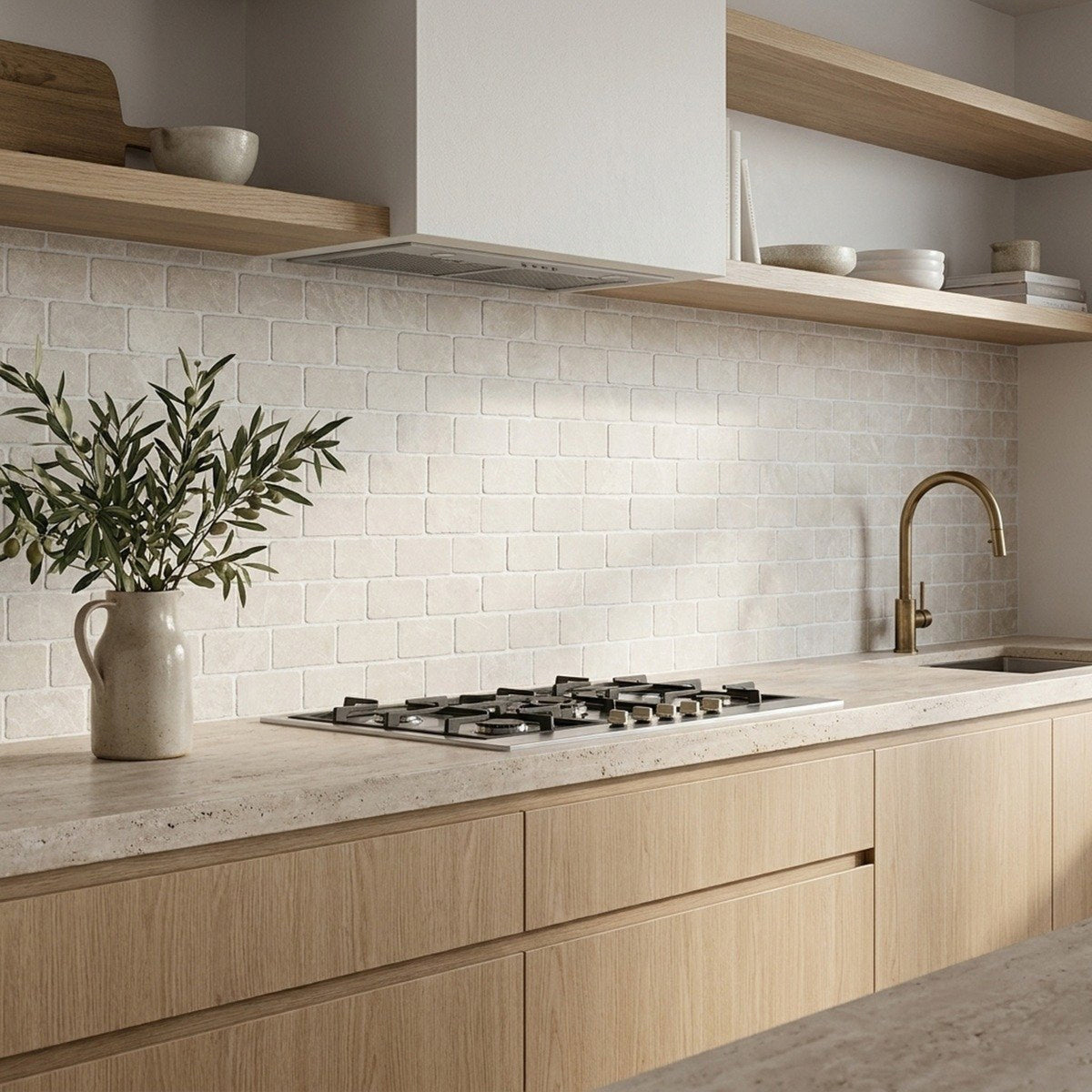 Beige Sand Tumbled 48x98 Mosaic tiles in a kitchen