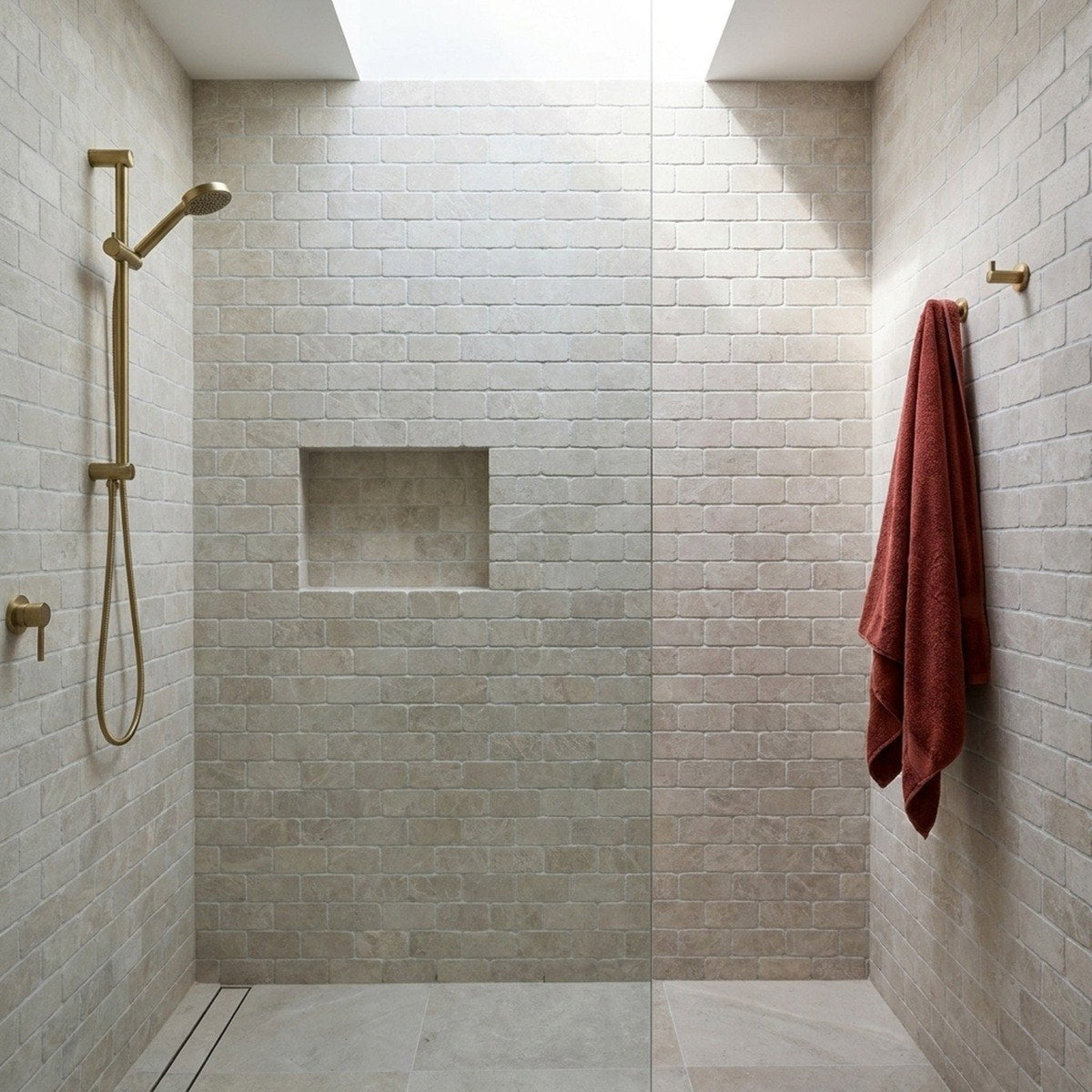 Beige Sand Tumbled 48x98 Mosaic tiles in a shower