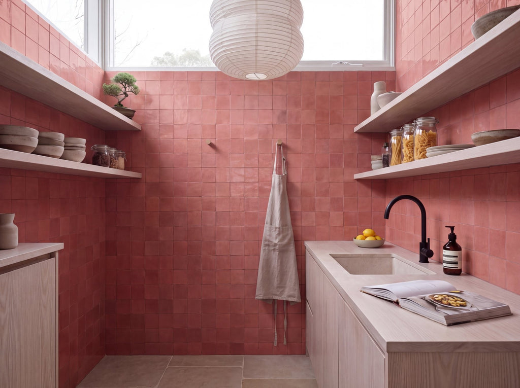 Bella Burgundy Gloss 100x100 tiles in a pantry