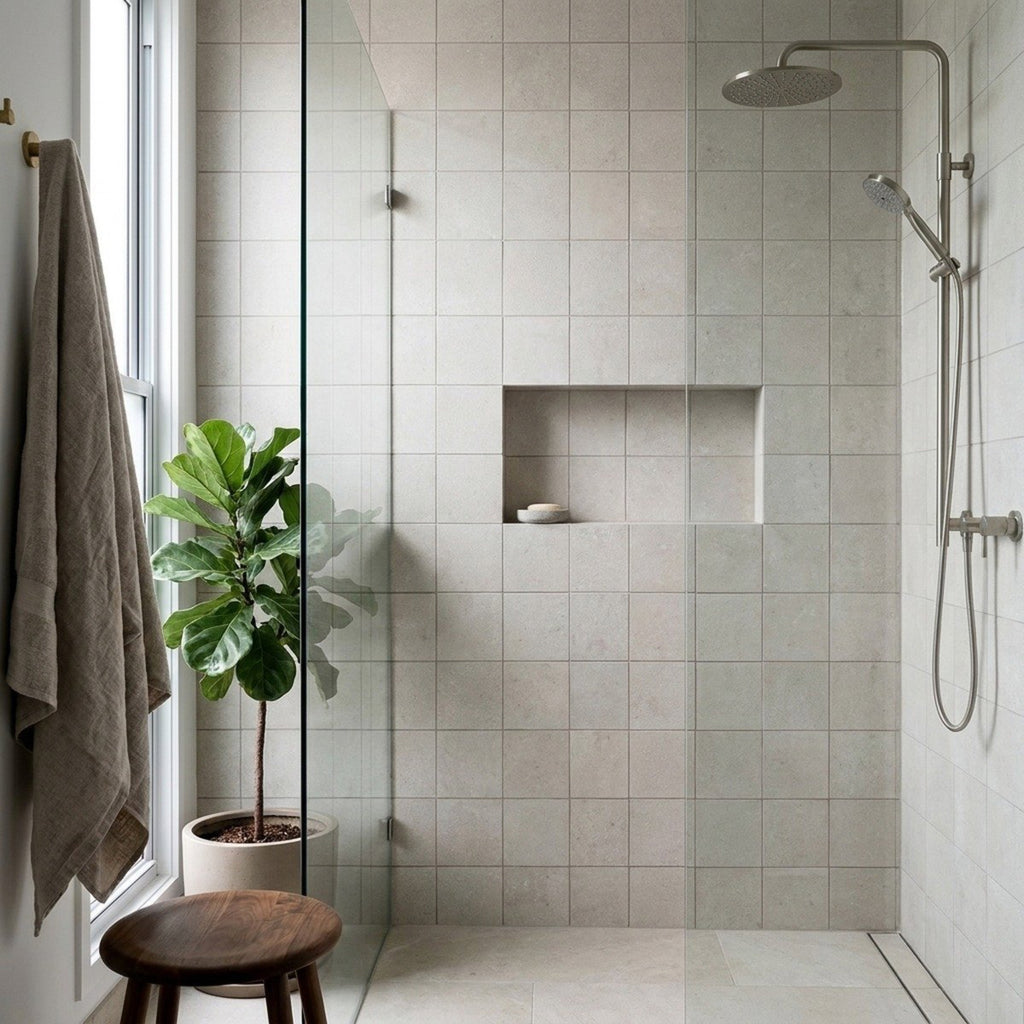 Concrete Veroni Snow Matt 100x100 tiles in a room