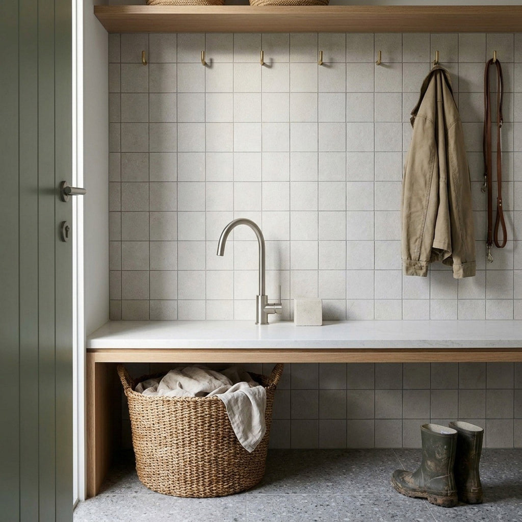 Concrete Veroni Snow Matt 100x100 tiles in a laundry