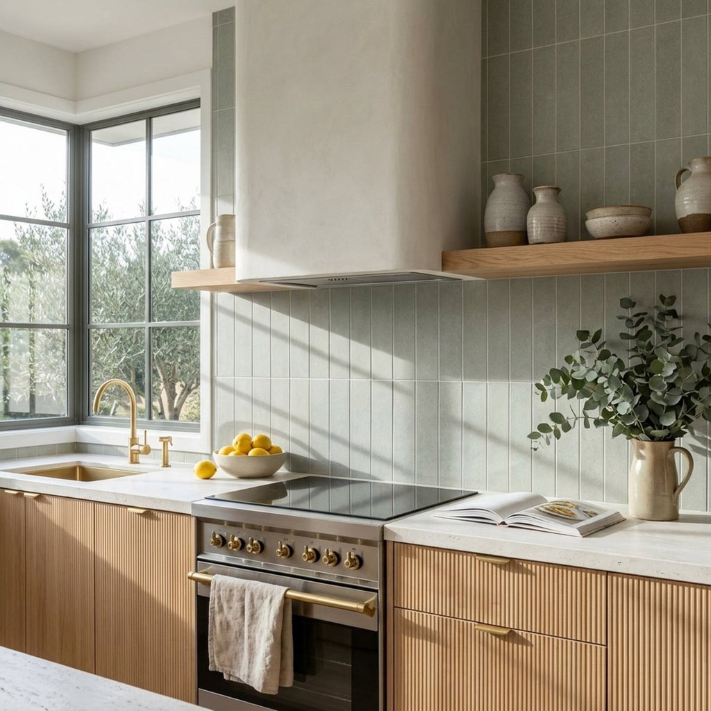 Concrete Veroni Jade Matt 75x300 tiles in a splashback