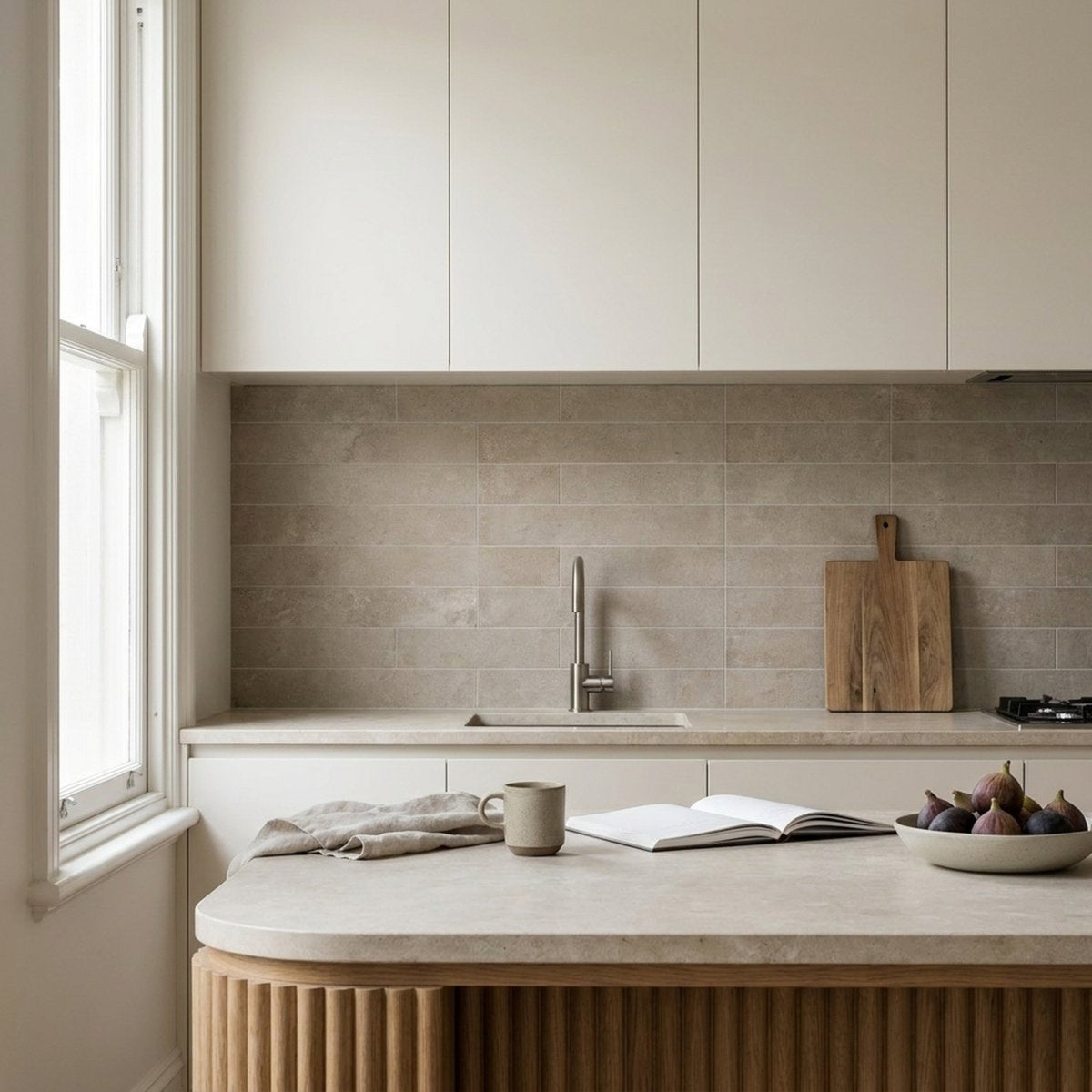 Concrete Veroni Caramel Matt 75x300 tiles in a splashback