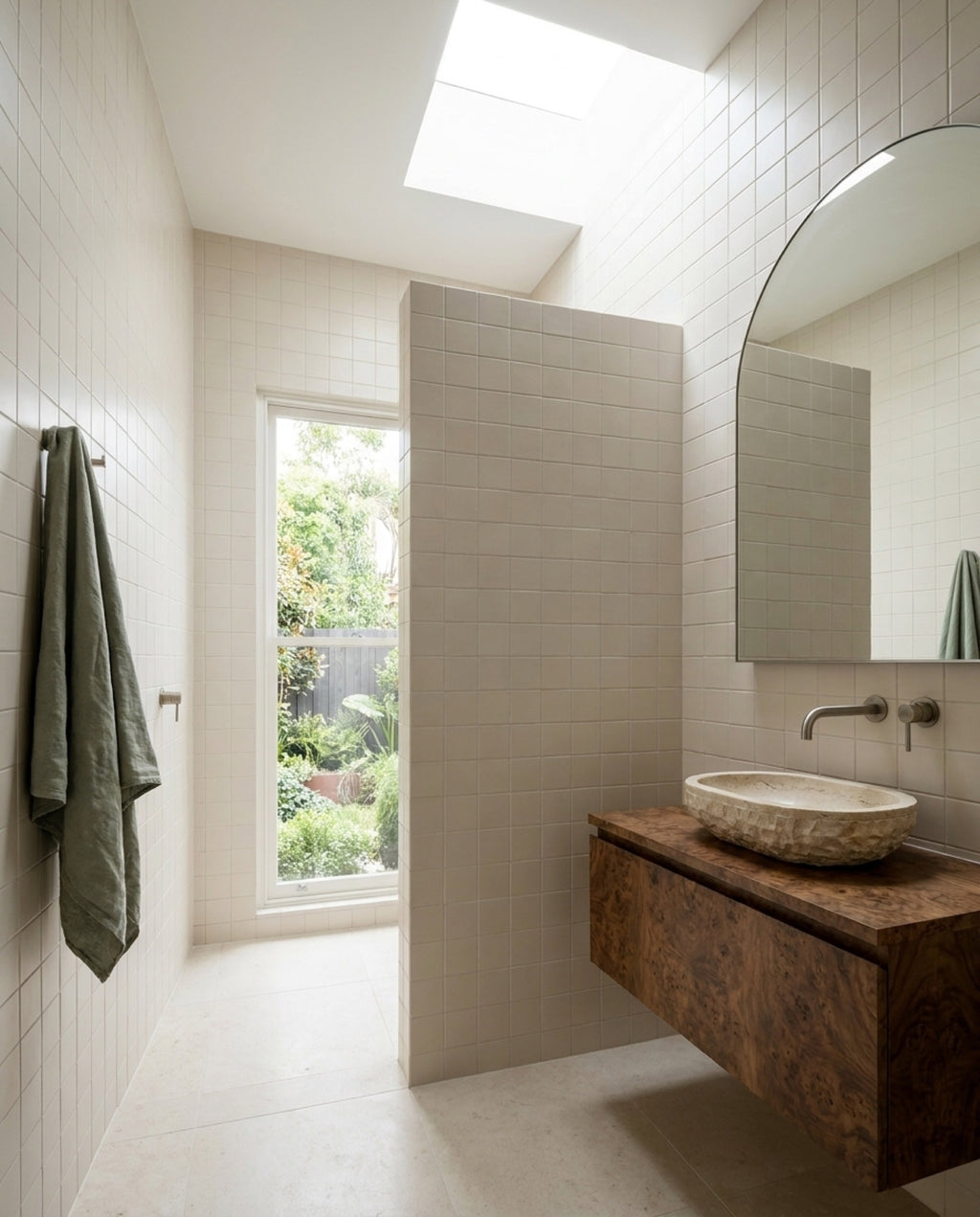 Confetto Bone Matt 100x100 tiles in a ensuite