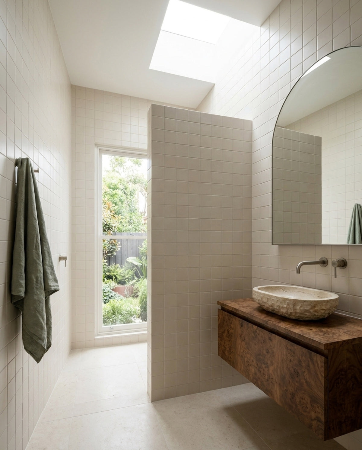Confetto Bone Matt 100x100 tiles in a ensuite