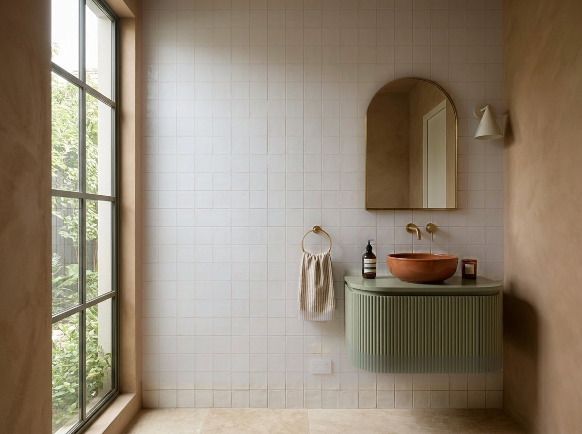 Confetto Bianco Matt 100x100 tiles in a powder