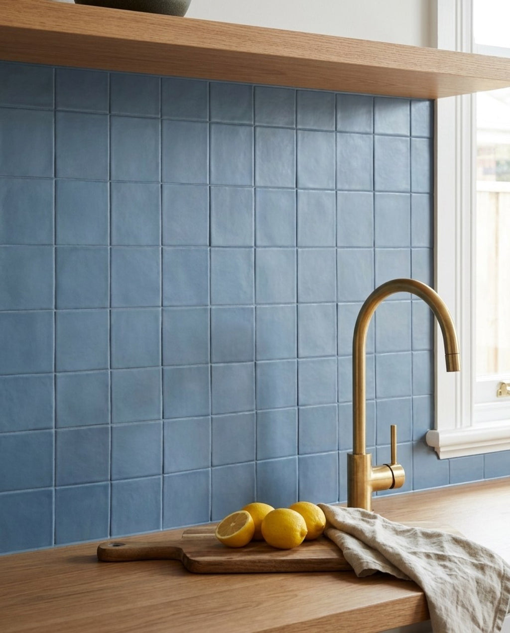 Confetto Blue Matt 100x100 tiles in a kitchen
