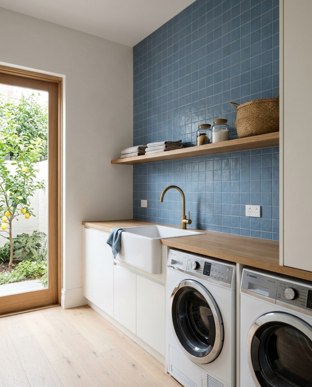 Confetto Blue Matt 100x100 tiles in a laundry
