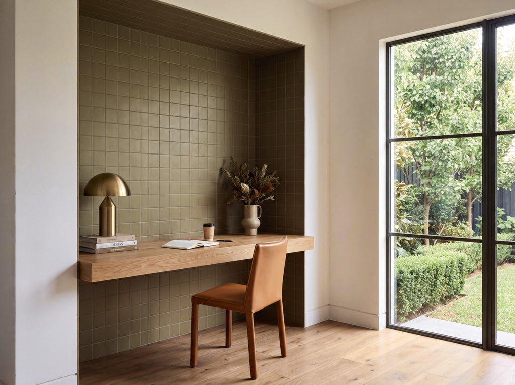 Confetto Kaki Matt 100x100 tiles in a study