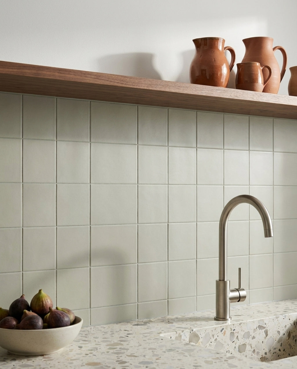 Confetto Salvia Matt 100x100 tiles in a kitchen