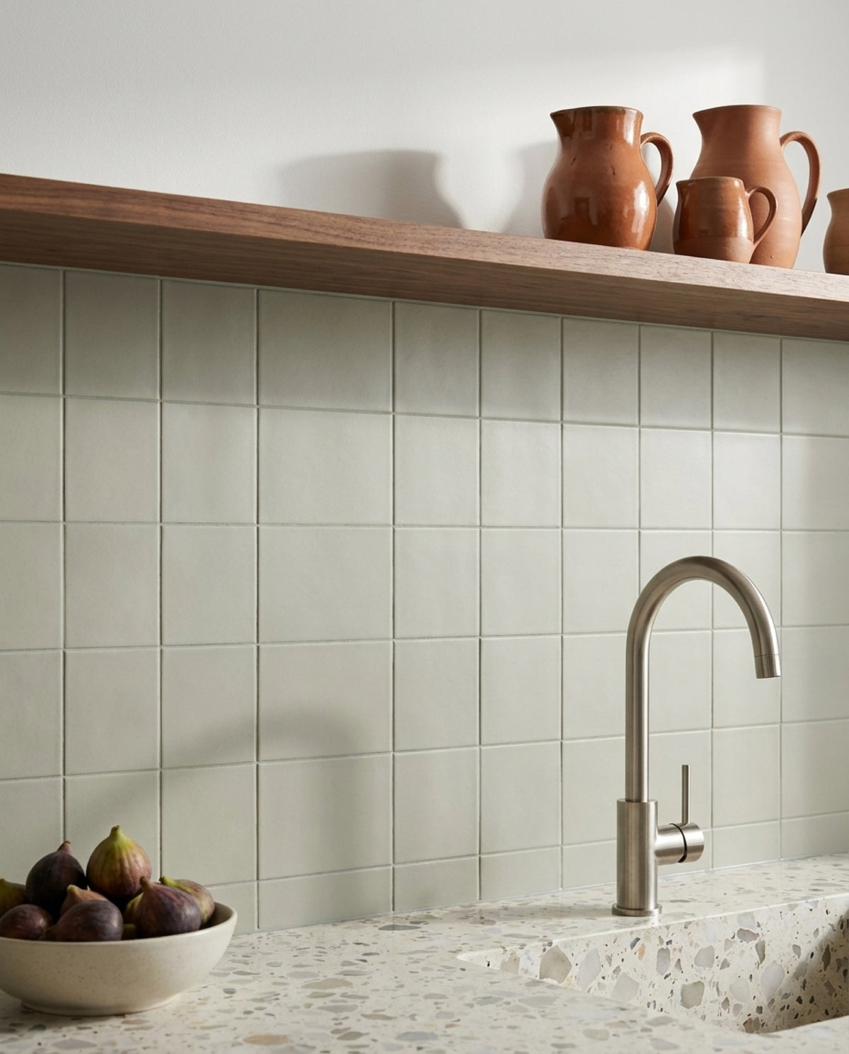 Confetto Salvia Matt 100x100 tiles in a kitchen
