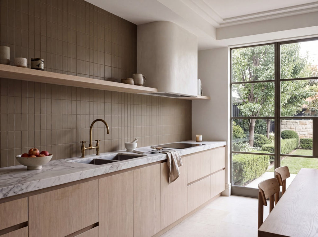 Confetto Kaki Matt 50x150 tiles in a kitchen