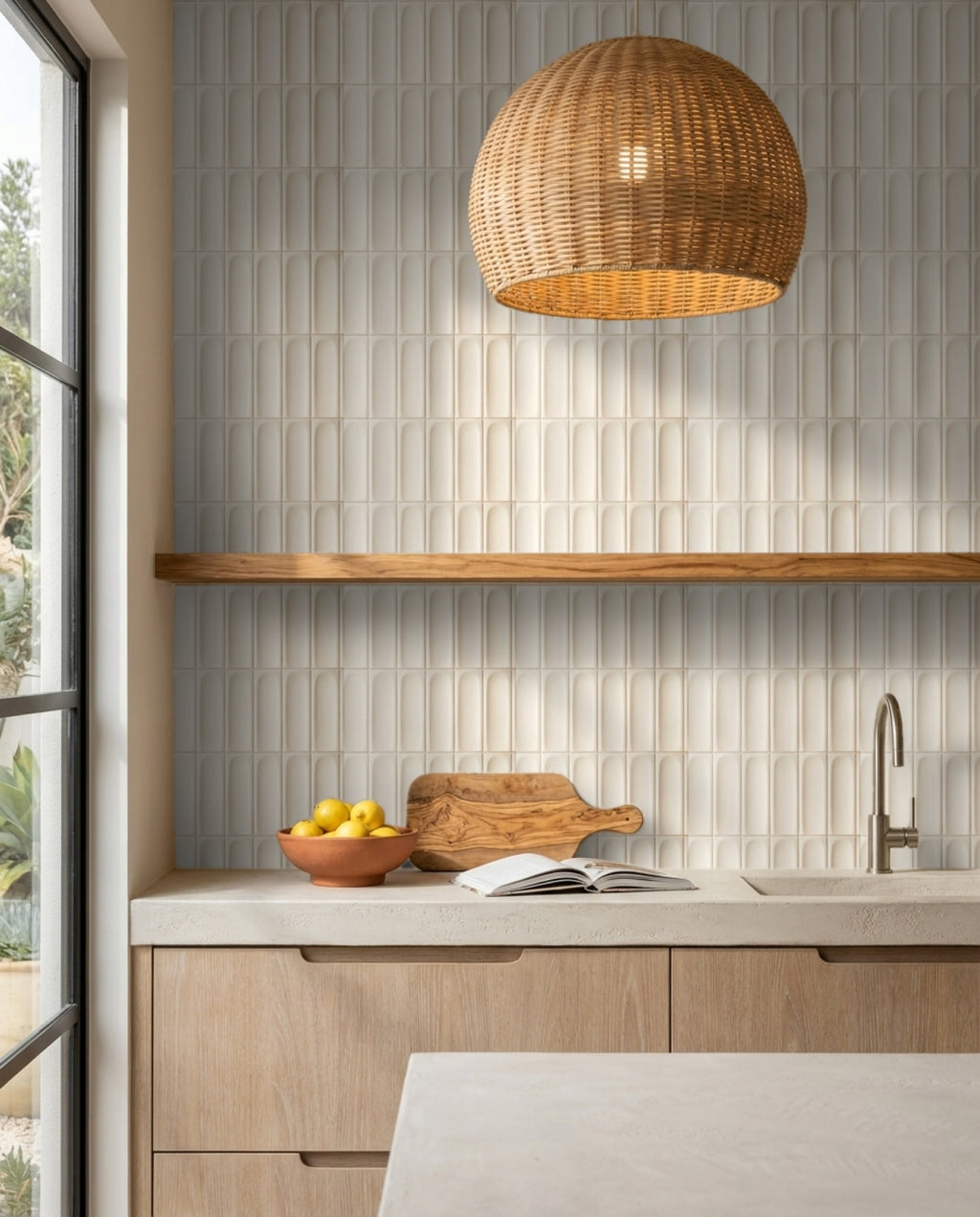 Confetto Bone 3D Matt 50x150 tiles in a kitchen