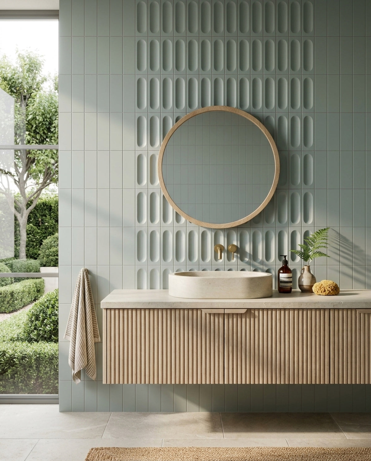Confetto Avio 3D Matt 50x150 tiles in a ensuite