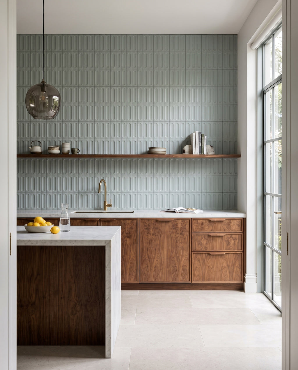 Confetto Avio 3D Matt 50x150 tiles in a kitchen